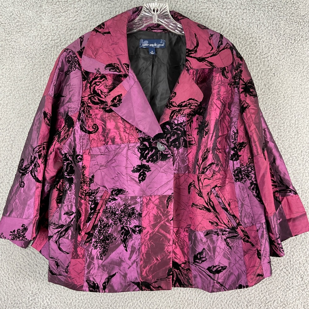 Susan Graver Style Blazer Womens 1X Magenta Purple Excellent Crinkle Patchwork‎